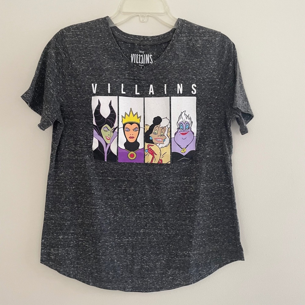 Disney Villains Graphic V-Neck Tee Charcoal Grey Maleficent Ursula Large